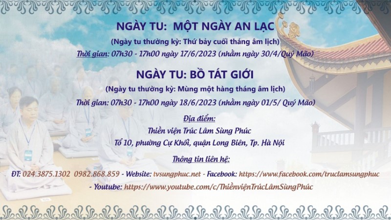 Mời tham dự Ngày Tu Một Ngày An Lạc Tháng 04 ÂL và Ngày Tu Bồ Tát Giới Thăng 05 ÂL năm Quý Mão