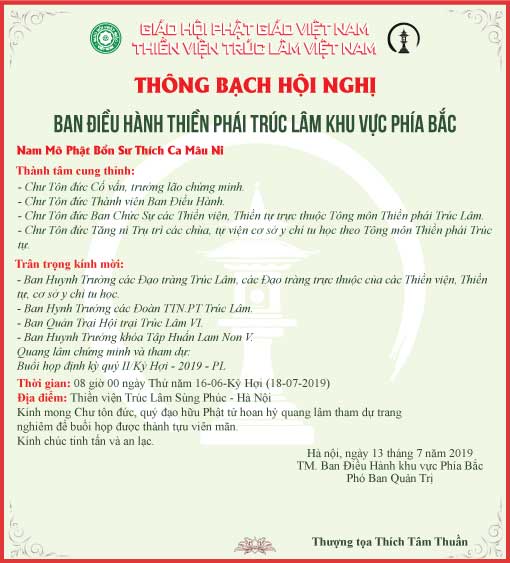 Mời họp Ban Điều Hành Thiền phái Trúc Lâm phía Bắc Quý II - 2019