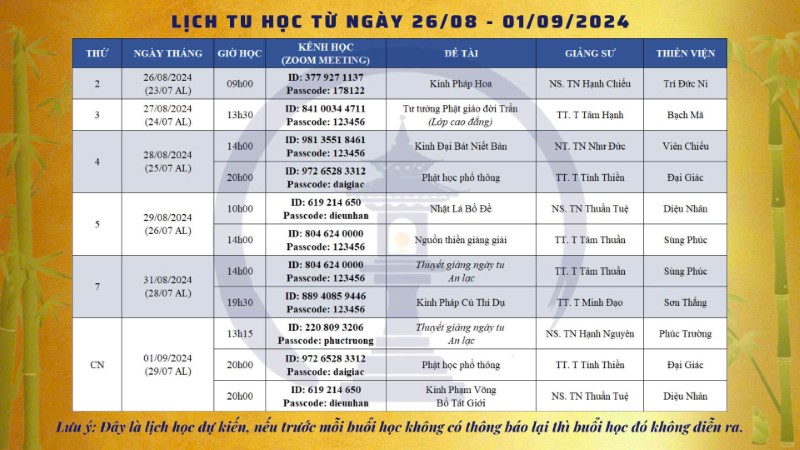 Lịch Thuyết giảng online của Chư Tôn Đức tại  các Thiền viện thuộc Tông Môn Tuần 26/08-01/09/2024